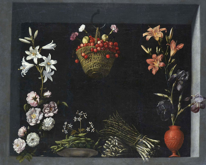 still life with game flowers vegetables and a basket of cherries